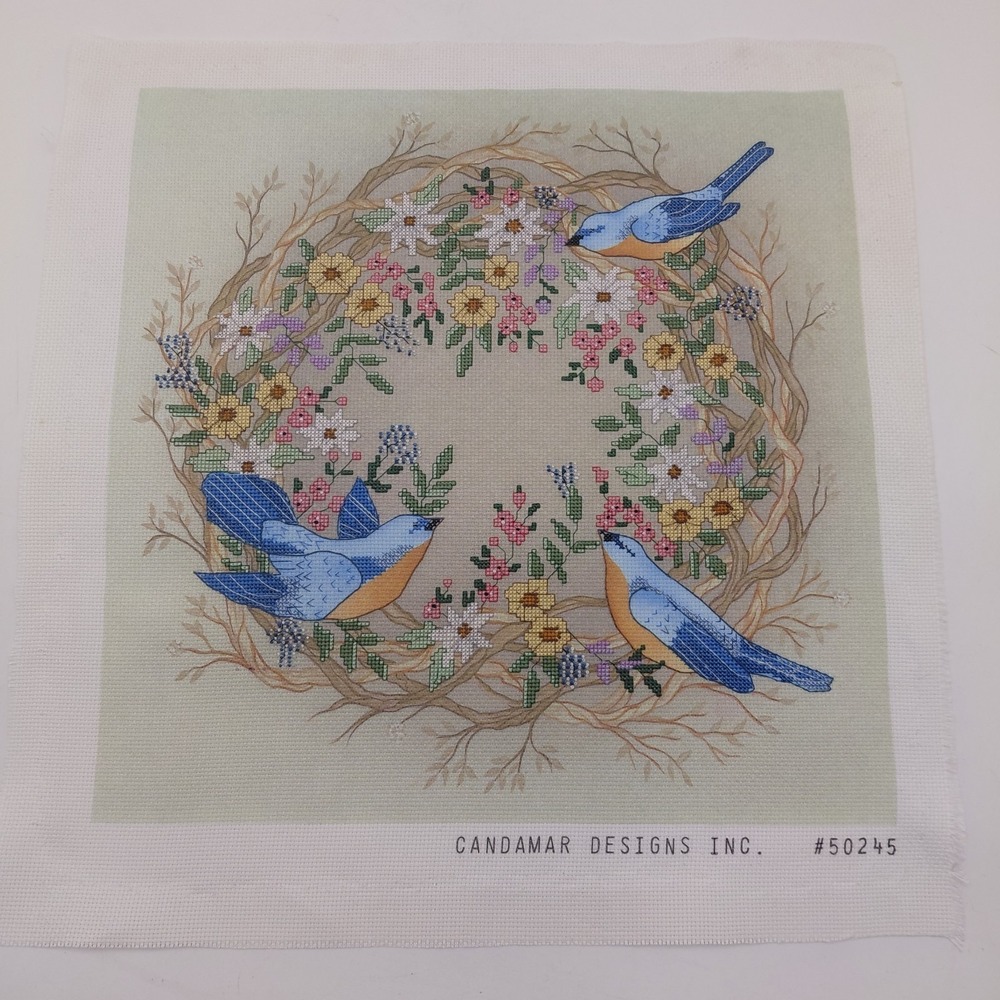 Candamar Designs Blue Birds Wreath Cross Stitch Art Fabric Garden Flower